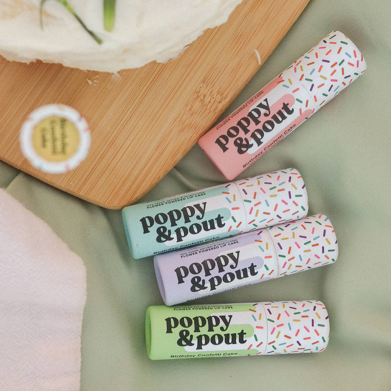 Poppy & Pout - Lip Balm, Birthday Confetti Cake, Green